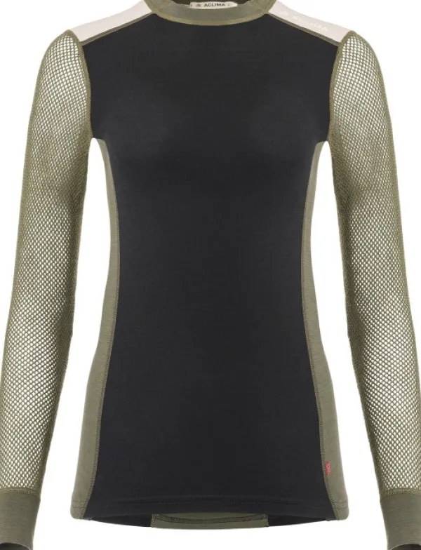 Aclima WoolNet Hybrid Crewneck naisten hybridikerrastopaita, Jet Black/Olive Night/Beige Melange| Kerrastopaidat